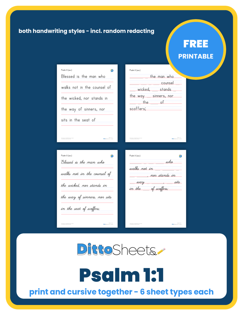 Preview of the Psalm 1:1 Copywork printable worksheet