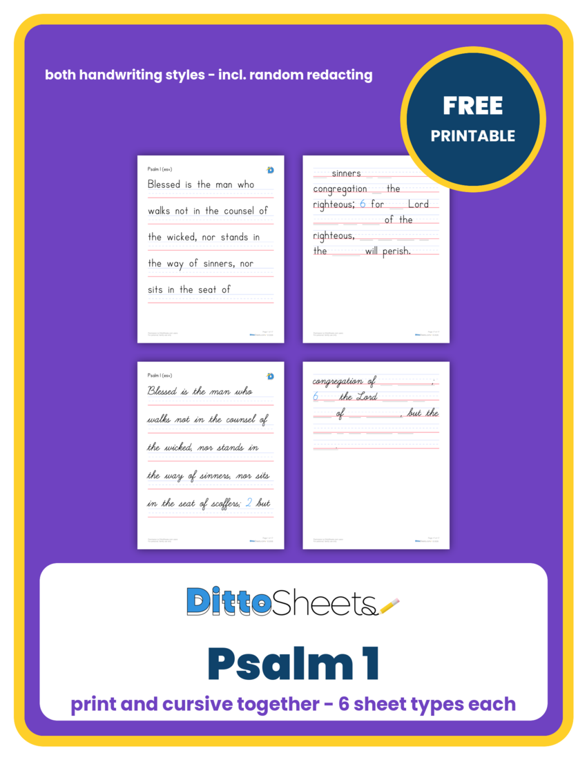 Preview of the Psalm 1 Full Chapter Copywork printable worksheet