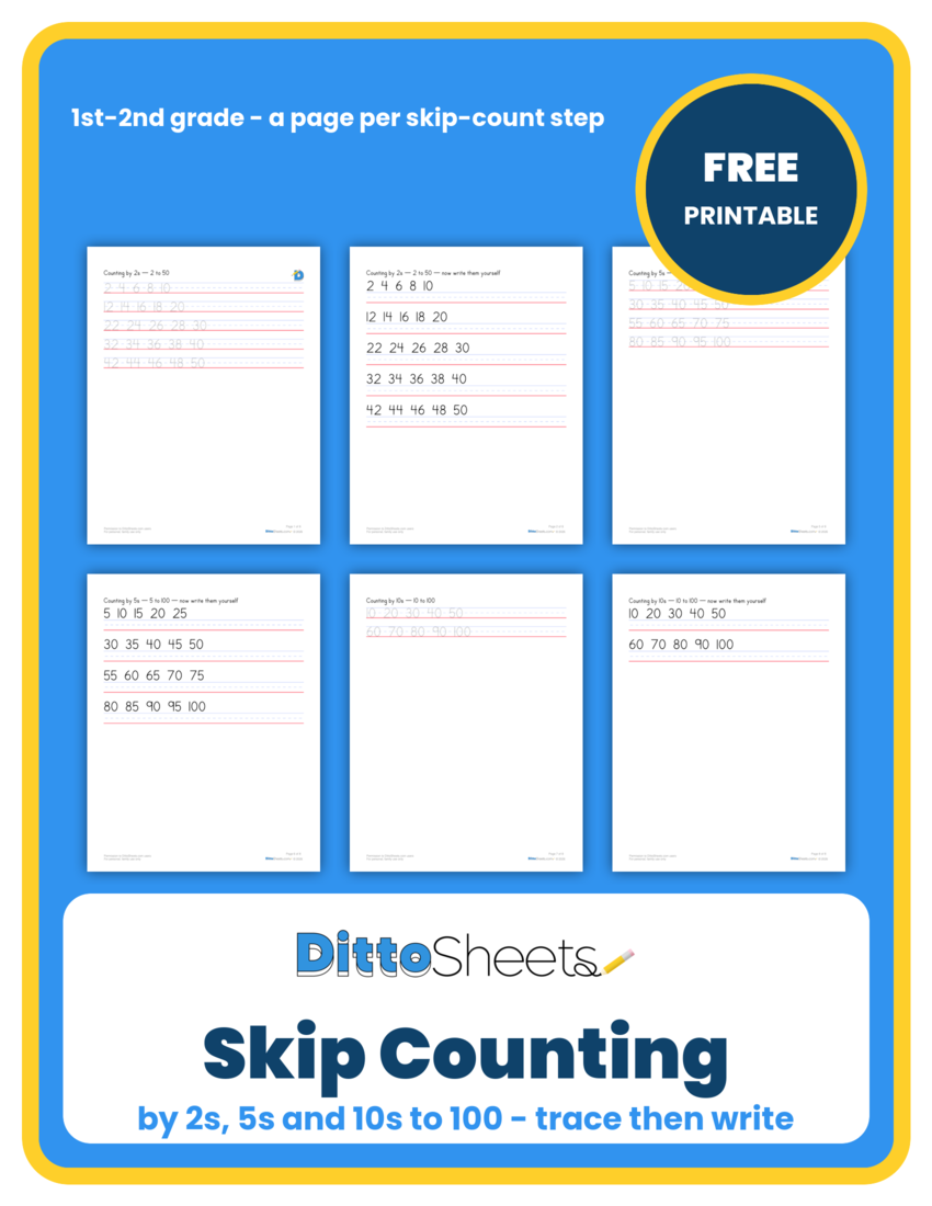Skip Counting by 2s, 5s and 10s to 100 printable worksheet preview