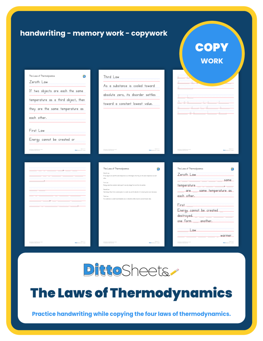The Laws of Thermodynamics Copywork printable worksheet preview