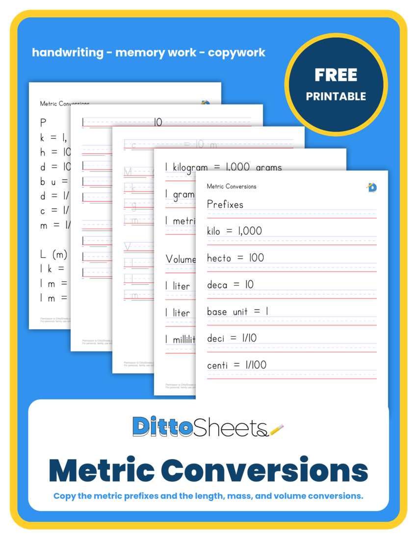 Metric Conversions Copywork printable worksheet preview