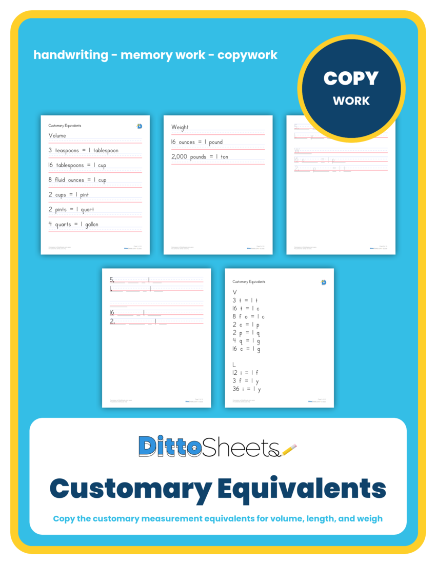 Customary Equivalents Copywork printable worksheet preview