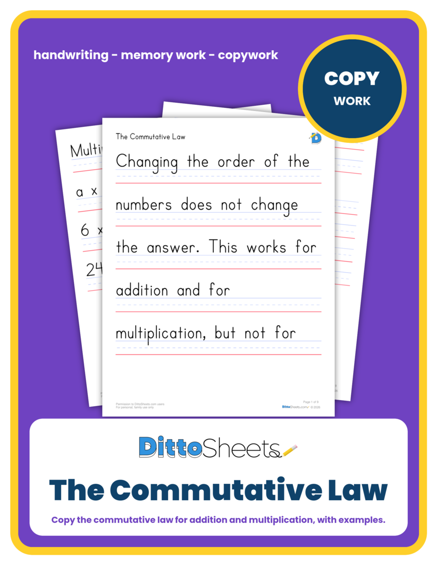The Commutative Law Copywork printable worksheet preview