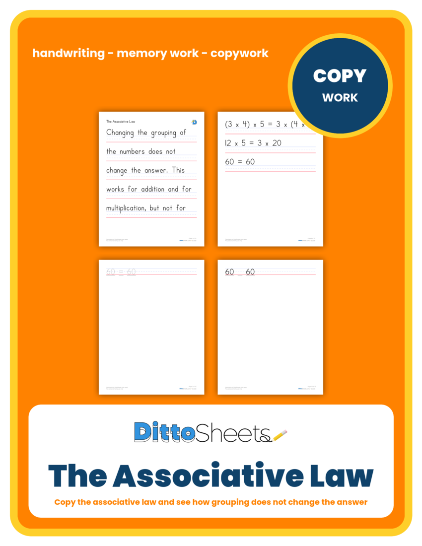 The Associative Law Copywork printable worksheet preview