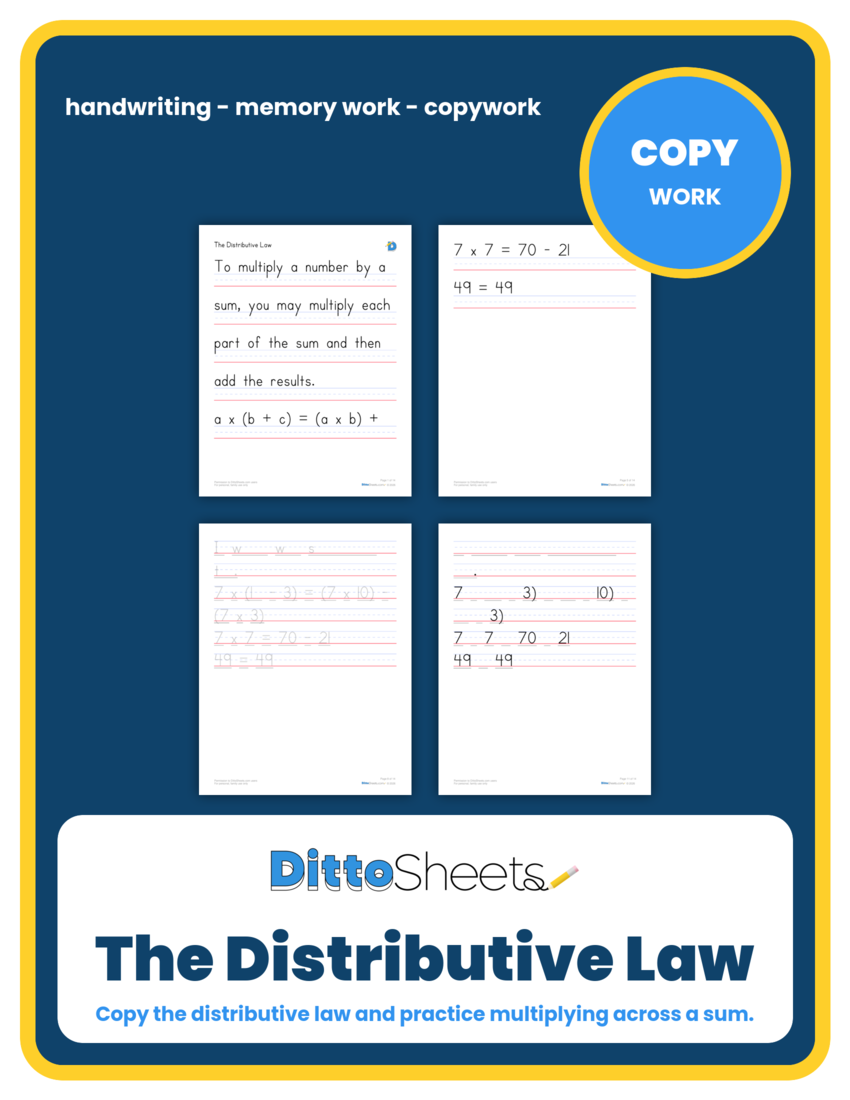 The Distributive Law Copywork printable worksheet preview