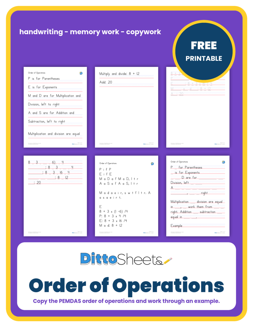 Order of Operations Copywork printable worksheet preview