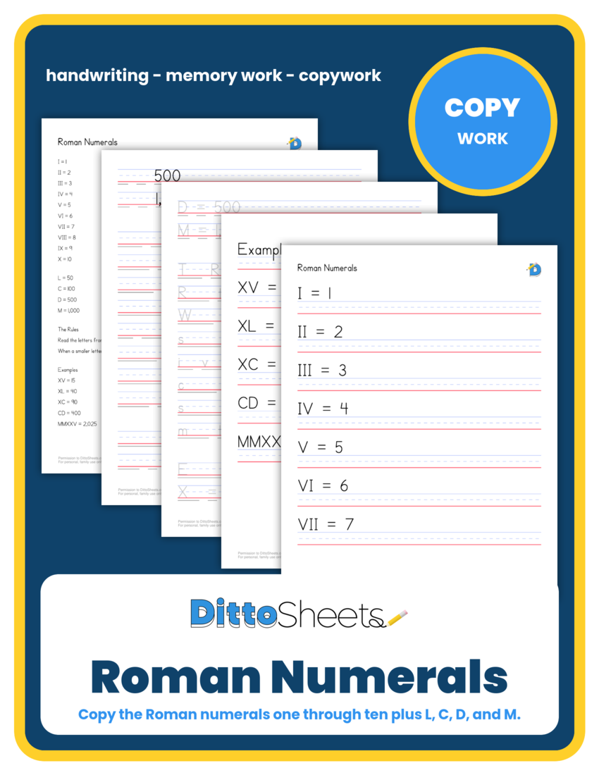 Roman Numerals Copywork printable worksheet preview