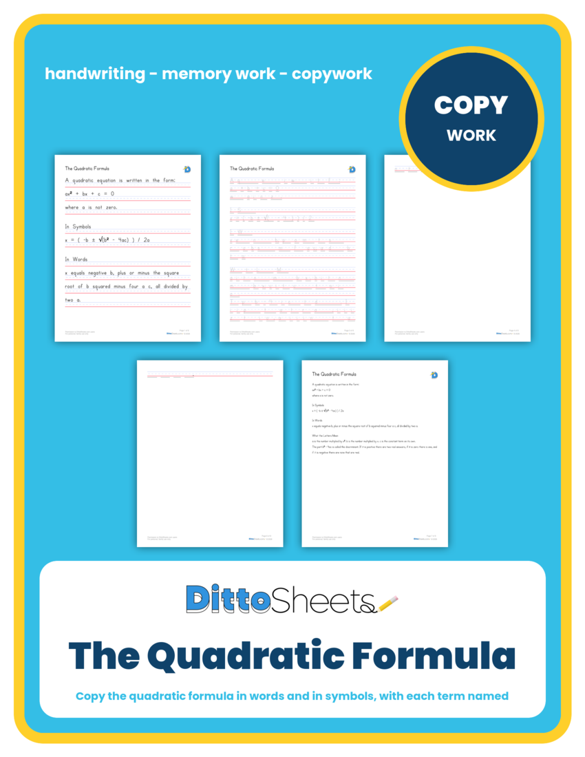 The Quadratic Formula Copywork printable worksheet preview