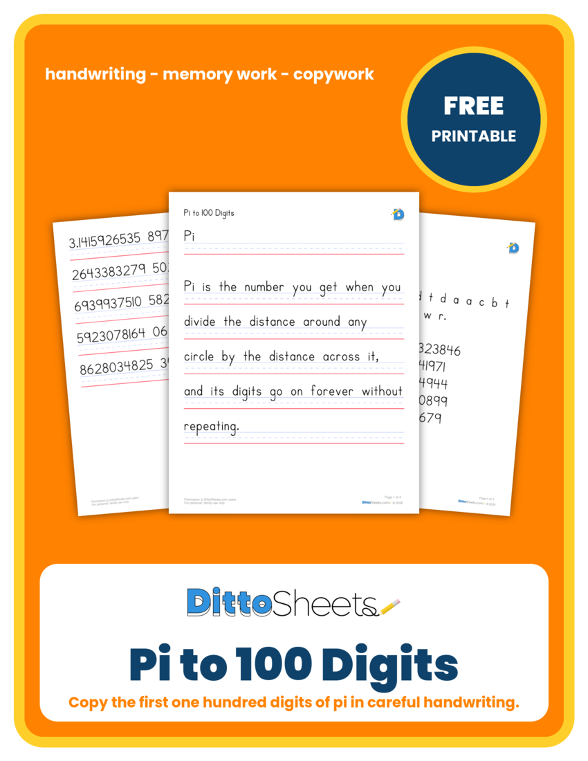 Pi to 100 Digits Copywork printable worksheet preview