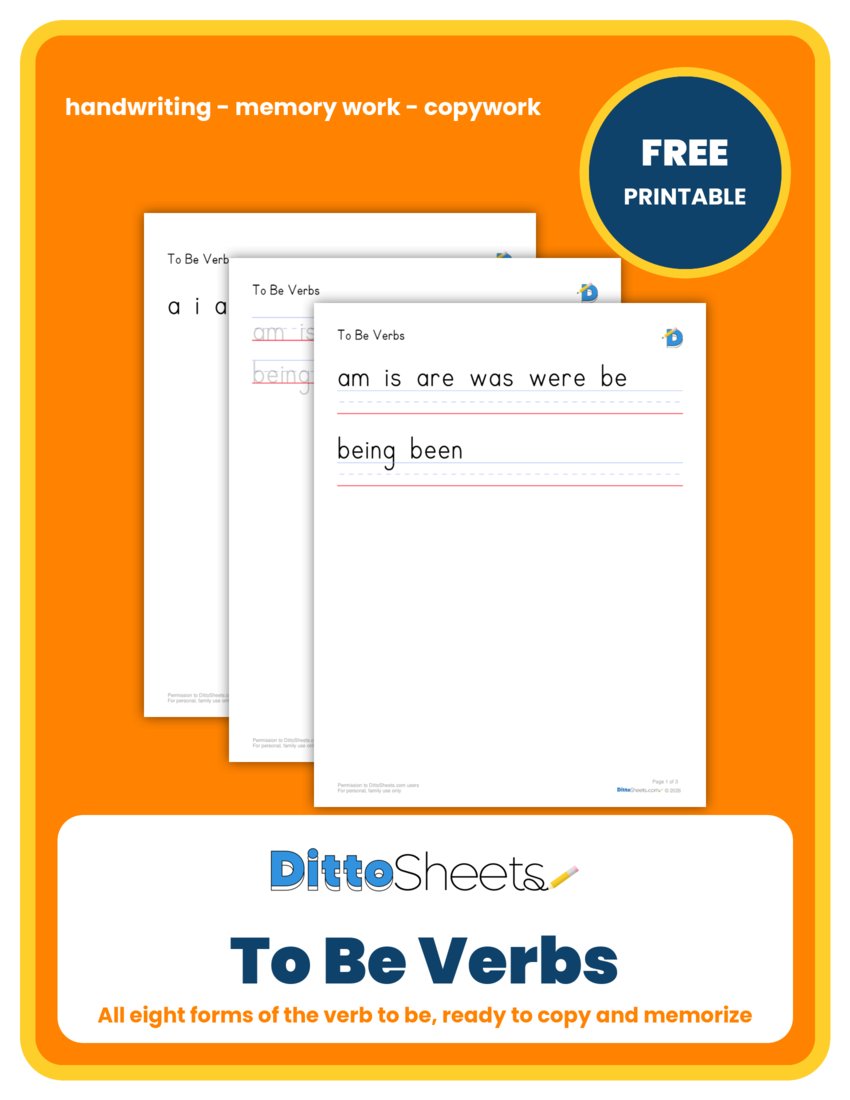 To Be Verbs Copywork printable worksheet preview