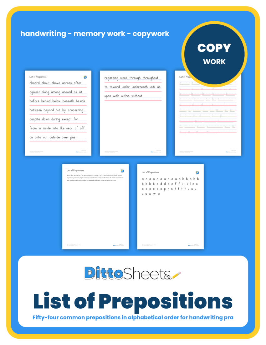 List of Prepositions Copywork printable worksheet preview