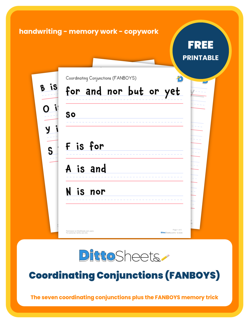 Coordinating Conjunctions (FANBOYS) Copywork printable worksheet preview