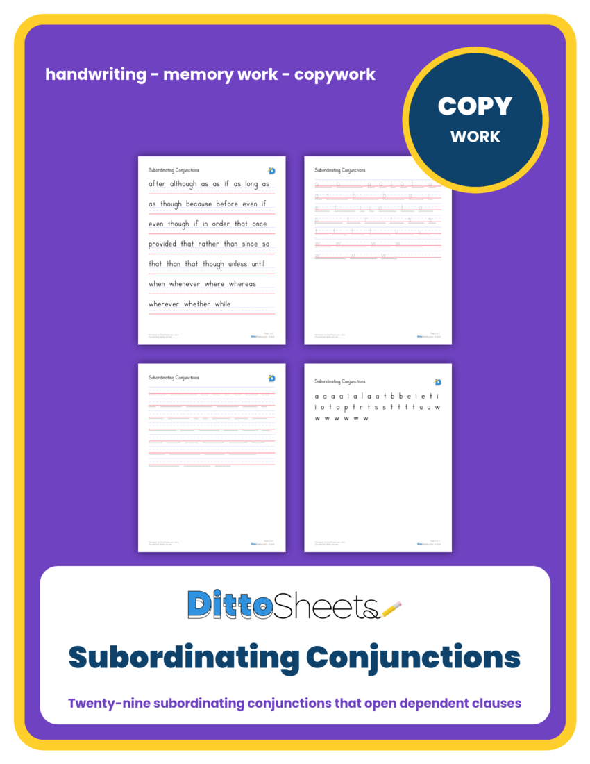 Subordinating Conjunctions Copywork printable worksheet preview
