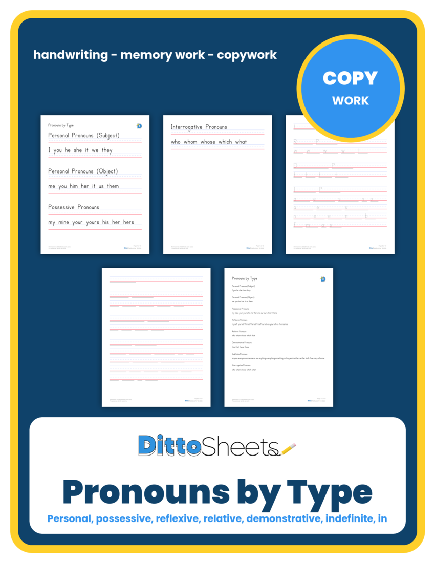 Pronouns by Type Copywork printable worksheet preview