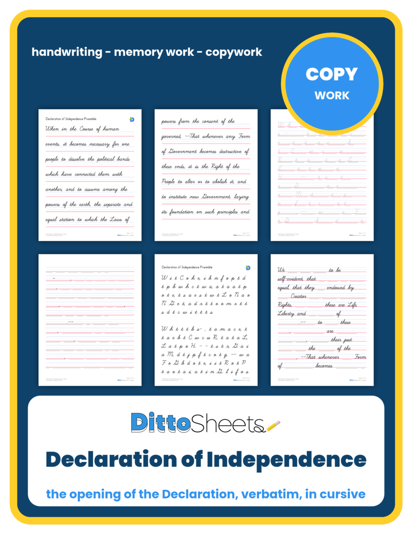 Declaration of Independence Preamble Copywork printable worksheet preview