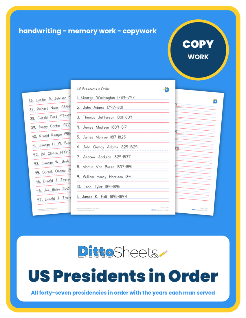 US Presidents in Order Copywork printable worksheet preview