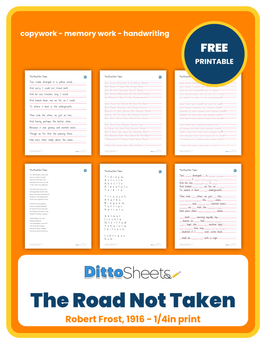The Road Not Taken Copywork printable worksheet preview