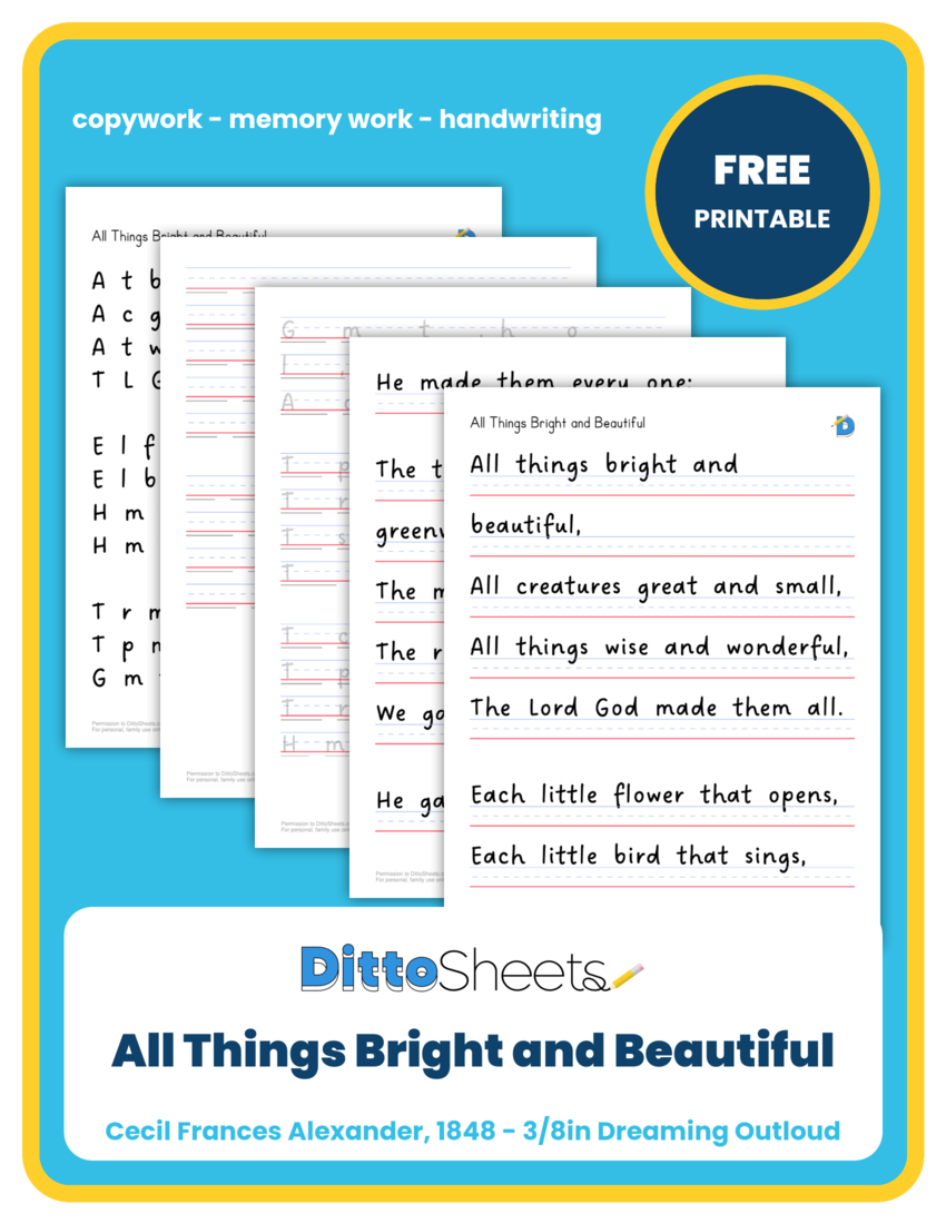 All Things Bright and Beautiful Copywork printable worksheet preview