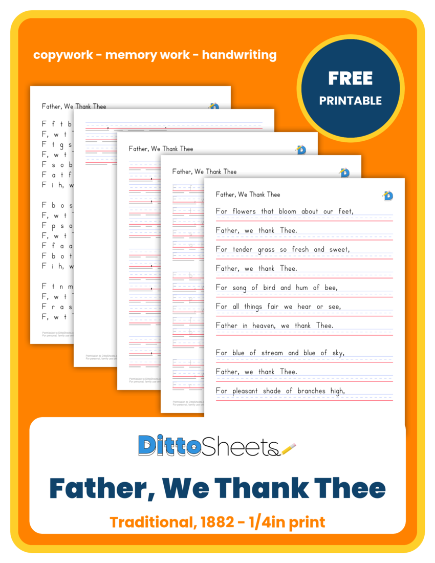 Father, We Thank Thee Copywork printable worksheet preview