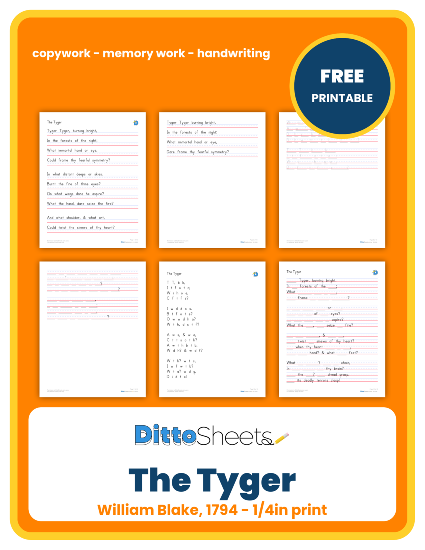 The Tyger Copywork printable worksheet preview