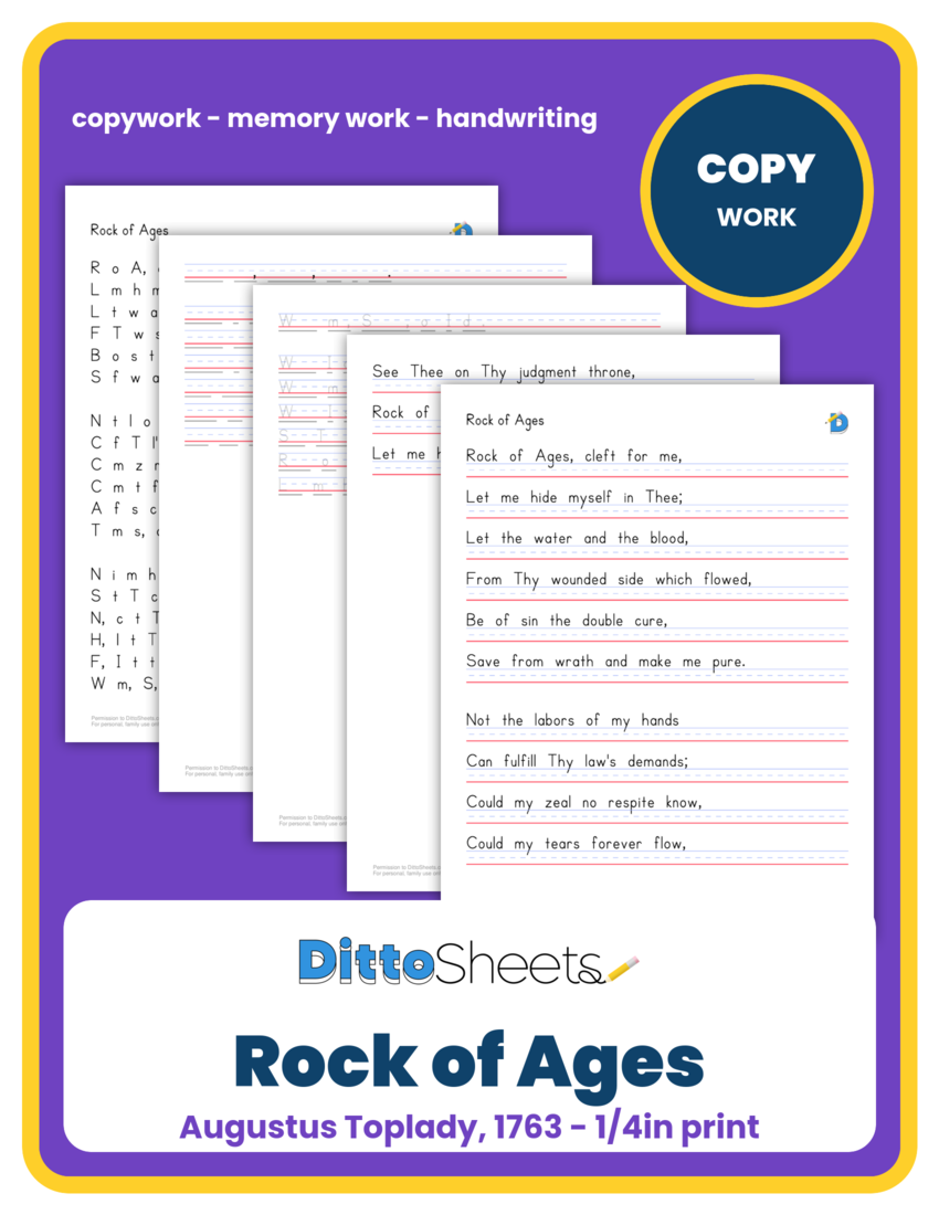 Rock of Ages Copywork printable worksheet preview