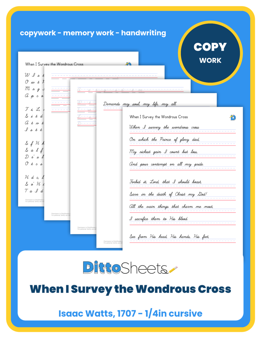 When I Survey the Wondrous Cross Copywork printable worksheet preview