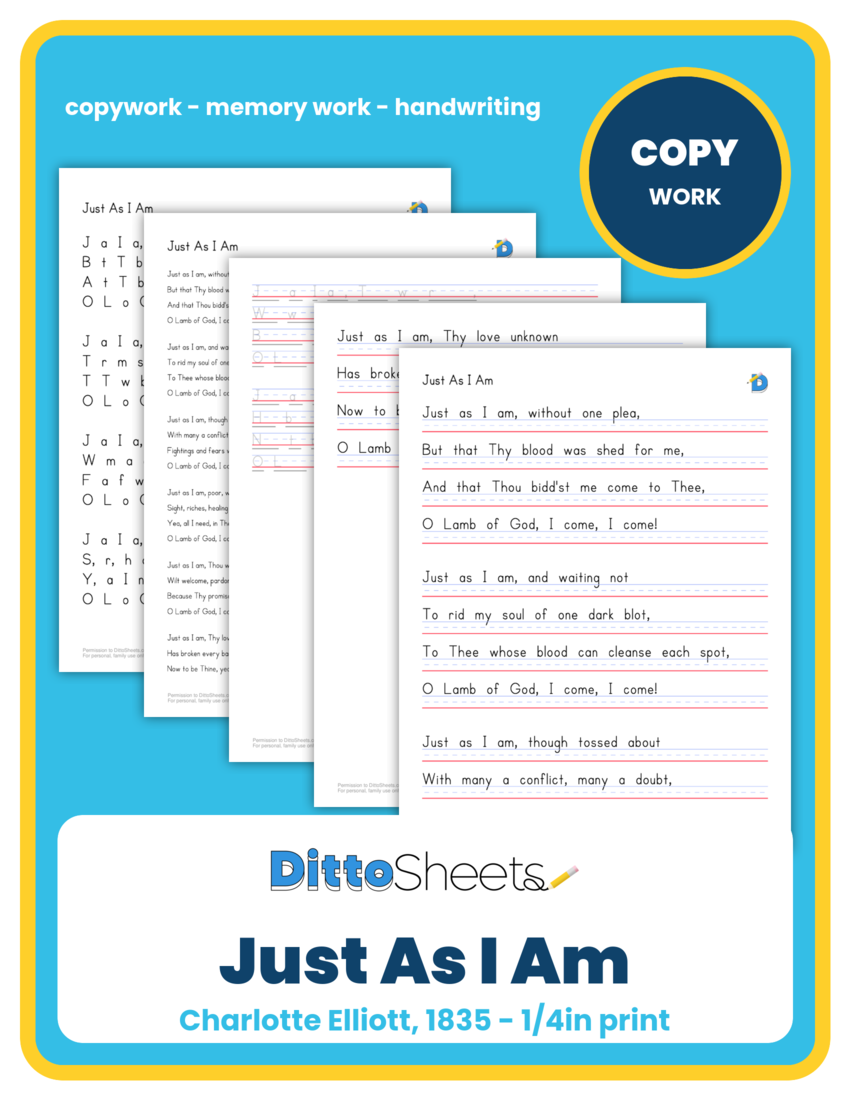 Just As I Am Copywork printable worksheet preview