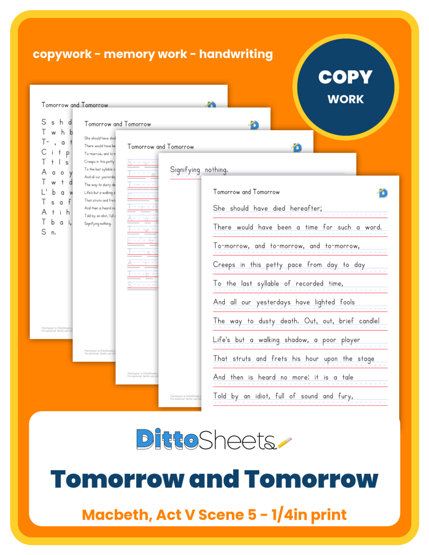 Tomorrow and Tomorrow Copywork printable worksheet preview