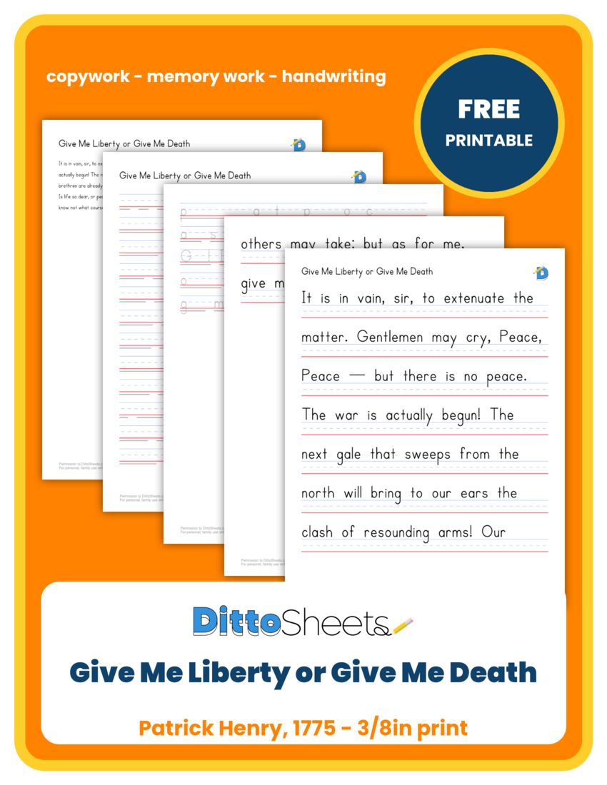Give Me Liberty or Give Me Death Copywork printable worksheet preview