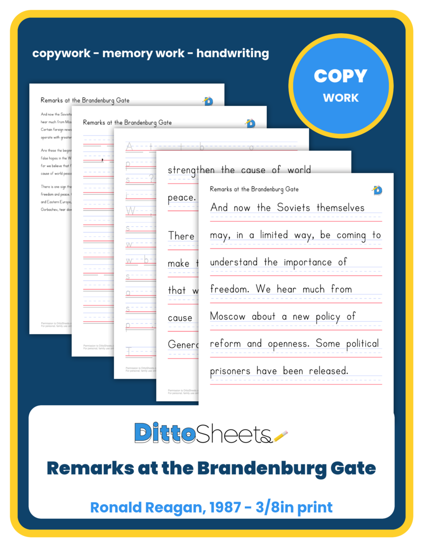 Remarks at the Brandenburg Gate Copywork printable worksheet preview