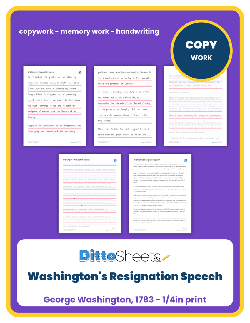 Washington's Resignation Speech Copywork printable worksheet preview